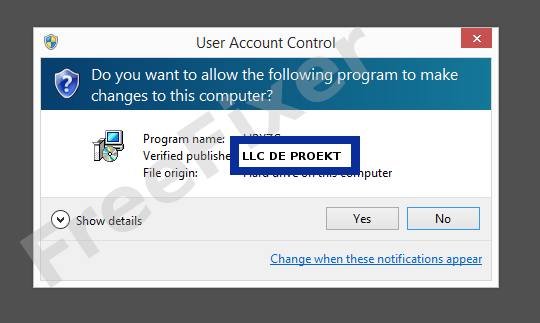 Screenshot where LLC DE PROEKT appears as the verified publisher in the UAC dialog